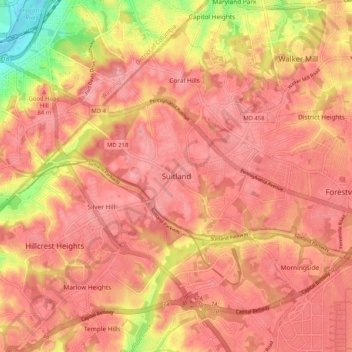 Mappa topografica Suitland, altitudine, rilievo