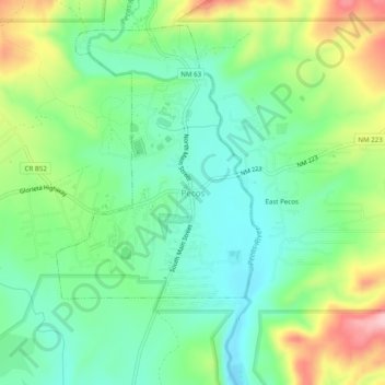 Mappa topografica Pecos, altitudine, rilievo