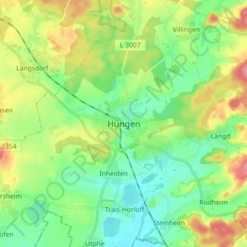 Mappa topografica Hungen, altitudine, rilievo