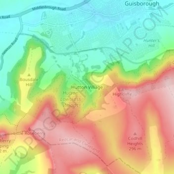 Mappa topografica Hutton Village, altitudine, rilievo