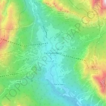 Mappa topografica Cortina d'Ampezzo, altitudine, rilievo