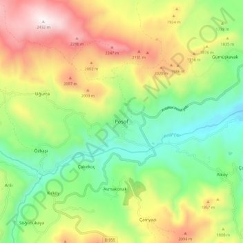 Mappa topografica Posof, altitudine, rilievo