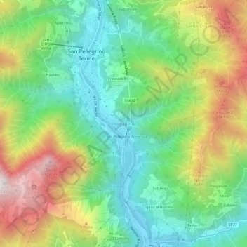 Mappa topografica Pregalleno, altitudine, rilievo