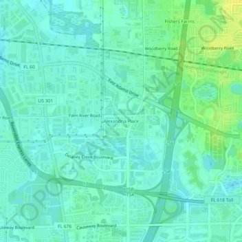 Mappa topografica Alexandria Place, altitudine, rilievo