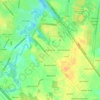 Mappa topografica Green Acres, altitudine, rilievo