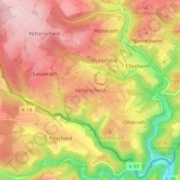 Mappa topografica Hilterscheid, altitudine, rilievo