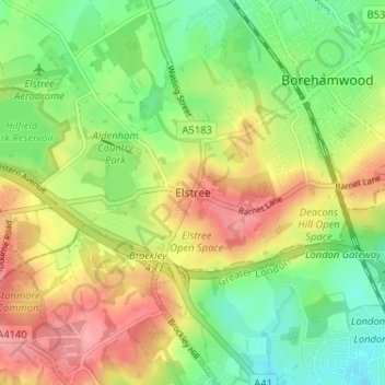 Mappa topografica Elstree, altitudine, rilievo