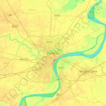 Mappa topografica Varanasi, altitudine, rilievo