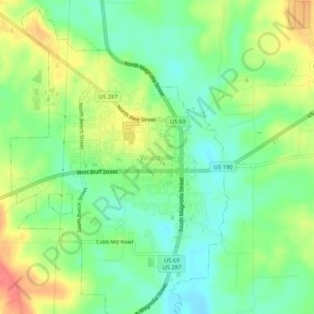 Mappa topografica Woodville, altitudine, rilievo