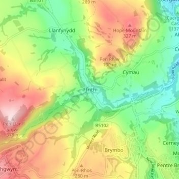 Mappa topografica Ffrith, altitudine, rilievo