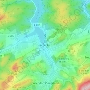 Mappa topografica Amecke, altitudine, rilievo