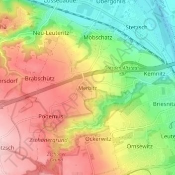 Mappa topografica Merbitz, altitudine, rilievo