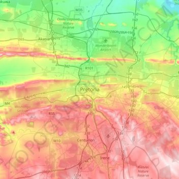 Mappa topografica Pretoria, altitudine, rilievo