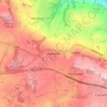 Mappa topografica Gorsedd, altitudine, rilievo