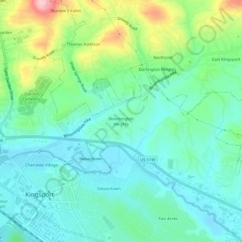 Mappa topografica Bloomington Heights, altitudine, rilievo