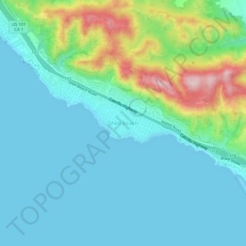 Mappa topografica Shell Beach, altitudine, rilievo