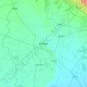 Mappa topografica Roorkee, altitudine, rilievo