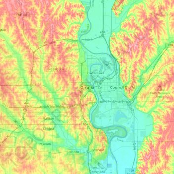 Mappa topografica Omaha, altitudine, rilievo