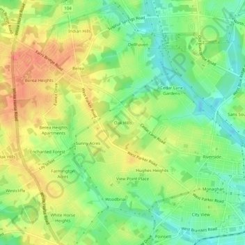 Mappa topografica Oak Hills, altitudine, rilievo