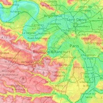 Mappa topografica Boulogne-Billancourt, altitudine, rilievo