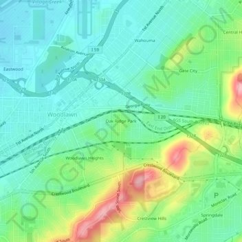Mappa topografica Oak Ridge Park, altitudine, rilievo
