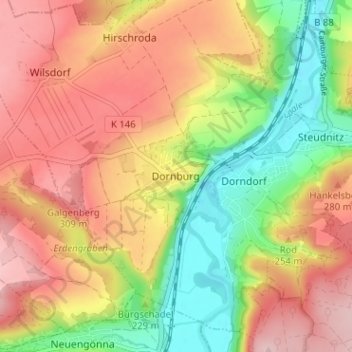 Mappa topografica Dornburg, altitudine, rilievo