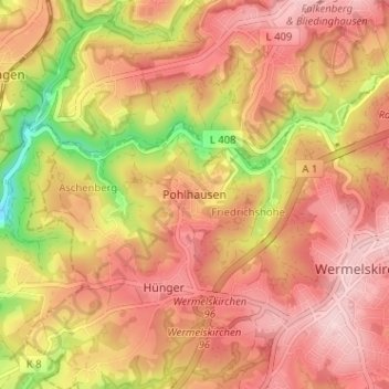 Mappa topografica Pohlhausen, altitudine, rilievo