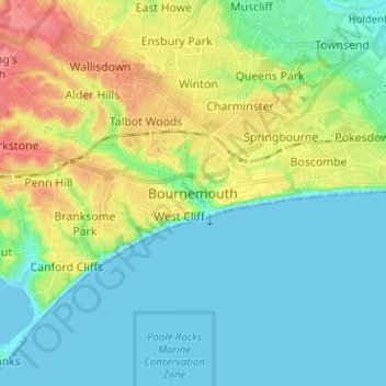 Mappa topografica Bournemouth, altitudine, rilievo