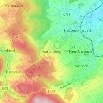 Mappa topografica Rod am Berg, altitudine, rilievo