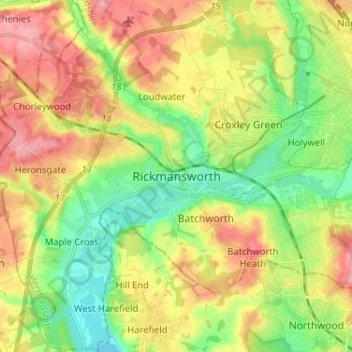 Mappa topografica Rickmansworth, altitudine, rilievo