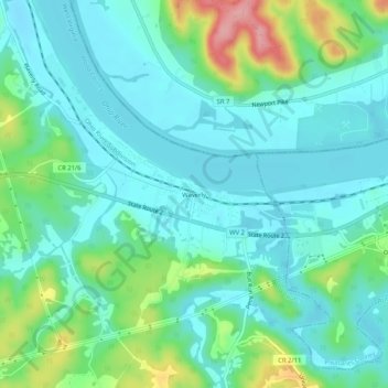 Mappa topografica Waverly, altitudine, rilievo