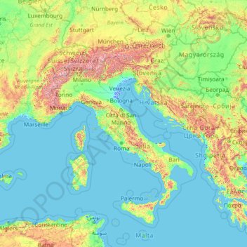 Mappa topografica Italy, altitudine, rilievo