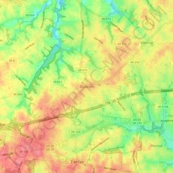 Mappa topografica Oakton, altitudine, rilievo