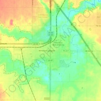 Mappa topografica Canyon, altitudine, rilievo
