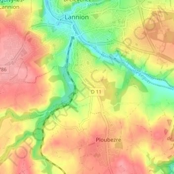 Mappa topografica Kerzevean, altitudine, rilievo