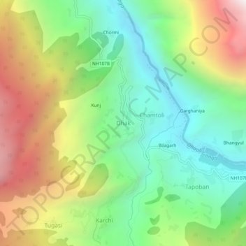 Mappa topografica Dhak, altitudine, rilievo