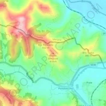 Mappa topografica Monte Bergone, altitudine, rilievo
