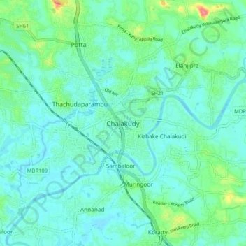 Mappa topografica Chalakudy, altitudine, rilievo