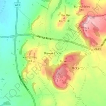 Mappa topografica Brown Knowl, altitudine, rilievo