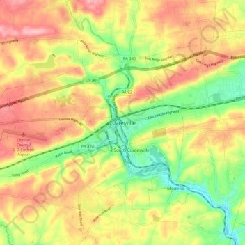 Mappa topografica Coatesville, altitudine, rilievo