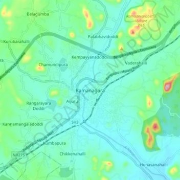 Mappa topografica Ramanagara, altitudine, rilievo