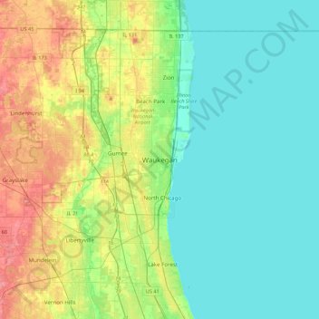 Mappa topografica Waukegan, altitudine, rilievo