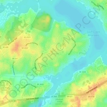 Mappa topografica Woodlake, altitudine, rilievo