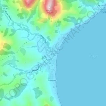 Mappa topografica Tokomaru Bay, altitudine, rilievo