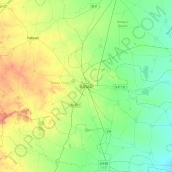 Mappa topografica Botad, altitudine, rilievo