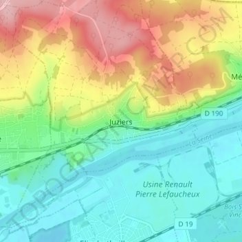 Mappa topografica Juziers, altitudine, rilievo