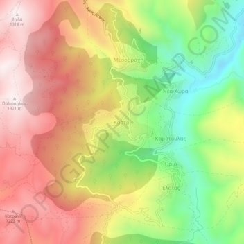 Mappa topografica Kastri, altitudine, rilievo