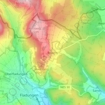 Mappa topografica Brüchs, altitudine, rilievo