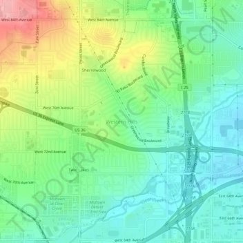Mappa topografica Western Hills, altitudine, rilievo