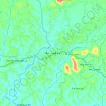 Mappa topografica Mannarkkad, altitudine, rilievo